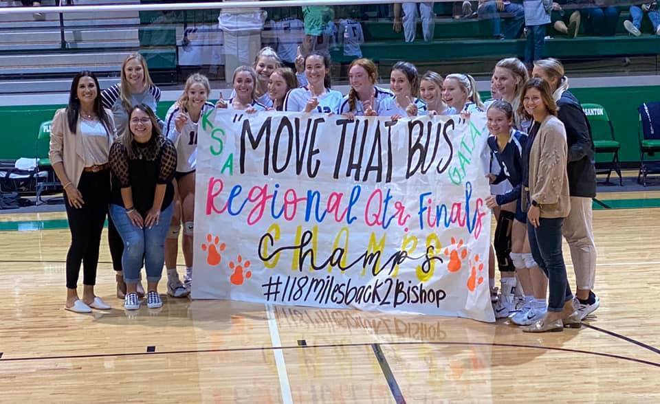 In the photo at top, the Tigerettes celebrate a win over the Bishop Badgers in three sets that advances them to the regional tournament for the eighth time in nine years.